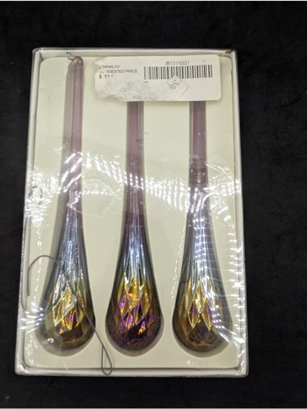 VTG 3 Santa World Kurt Adler Iridescent Purplish tone Glass Faceted Teardrops 6"